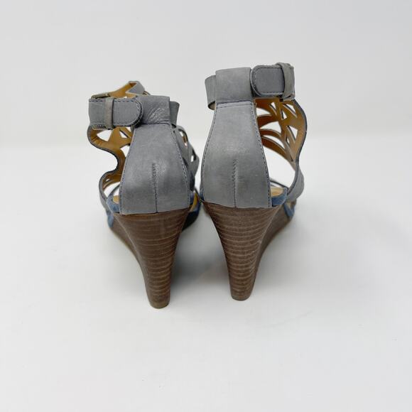 Nine West 5.5 Gray Blue Federica Wedge Sandals Leather Lasercut Details Open Toe - Picture 4 of 11